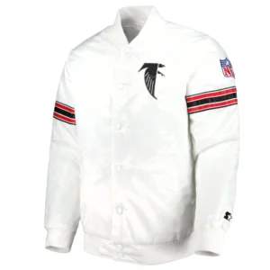 Atlanta falcons power forward full snap satin varsity jacket white 1