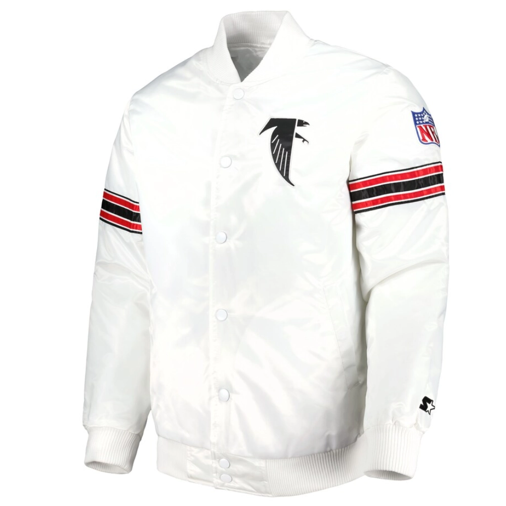 Atlanta falcons power forward full snap satin varsity jacket white 1