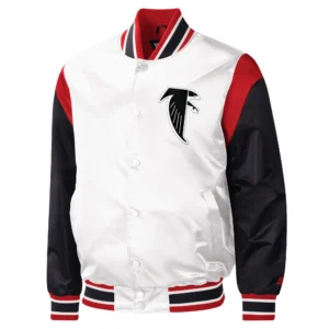 Atlanta falcons starter throwback warm up pitch white and black satin varsity jacket 1