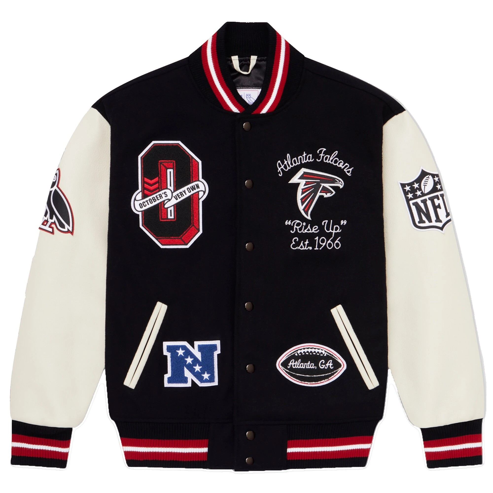 Atlanta falcons x ovo black and white varsity jacket 1