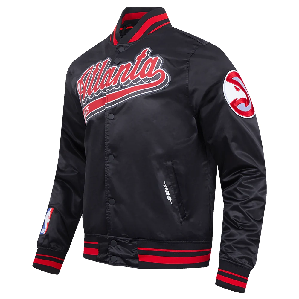 Atlanta hawks pro standard script tail black satin varsity jacket 1