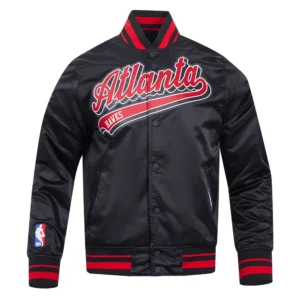 Atlanta hawks pro standard script tail black satin varsity jacket 2