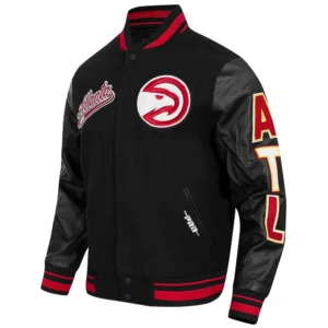 Atlanta hawks pro standard script tail black wool and leather varsity jacket 1