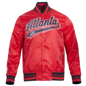 Atlanta hawks script tail full snap satin varsity jacket red 8 1