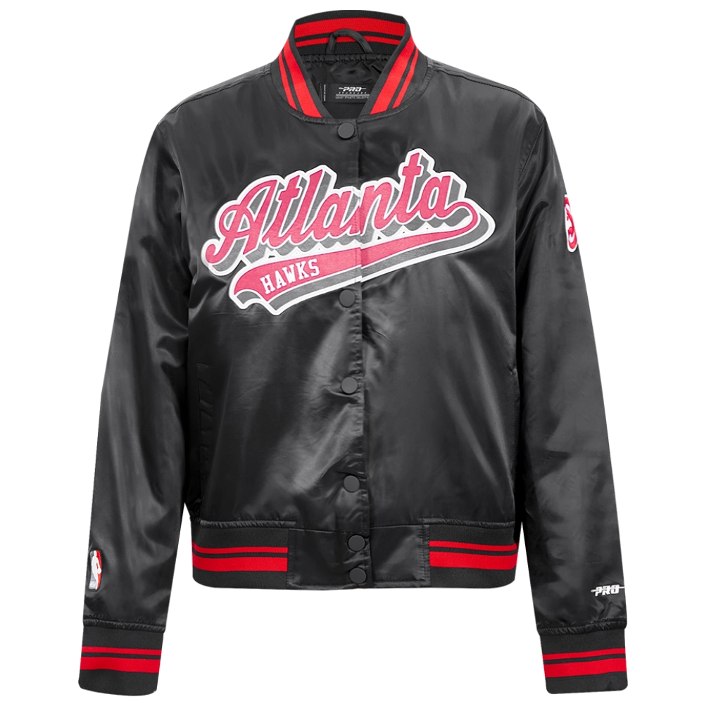 Atlanta hawks script tail womens ribbed knitted satin varsity jacket black 1 1