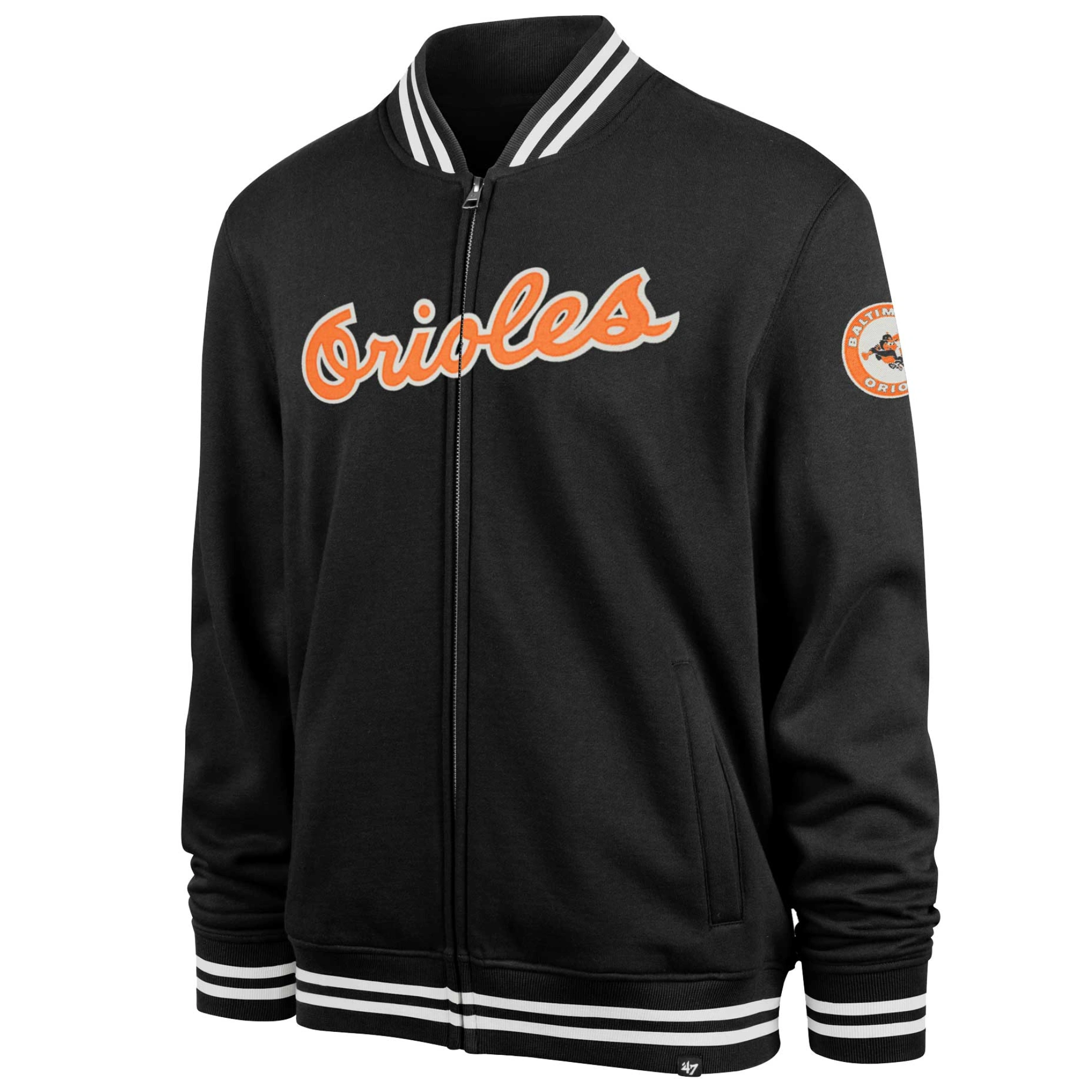 Baltimore orioles 47 black wax pack pro camden full zip varsity jacket 1 1