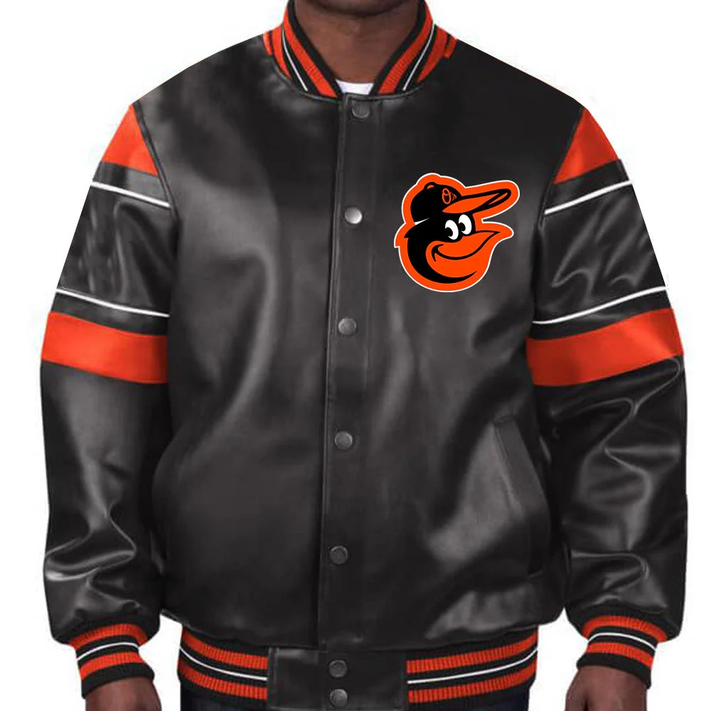 Baltimore orioles multicolor black leather bomber jacket