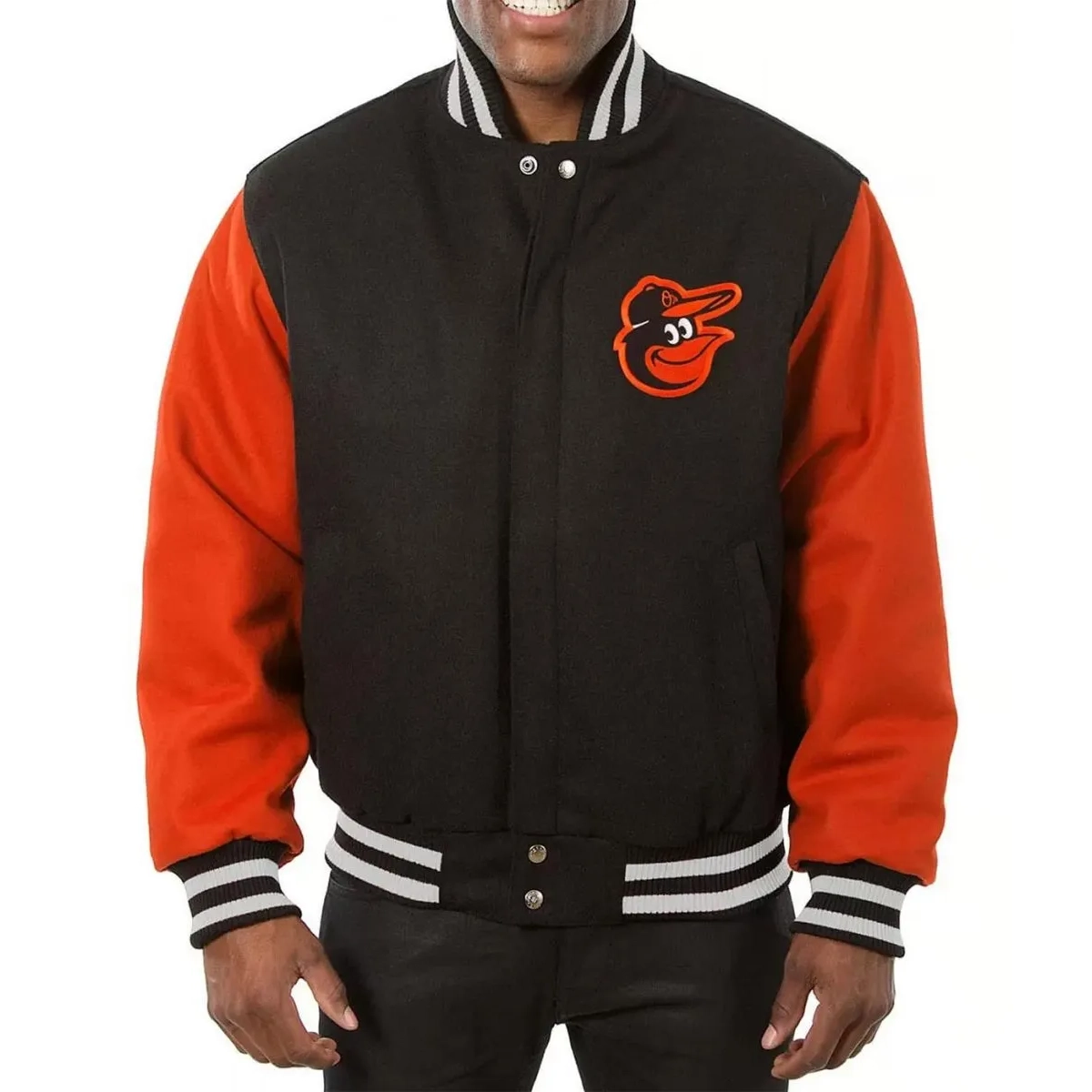 Baltimore orioles two tone black orange wool varsity jacket 1