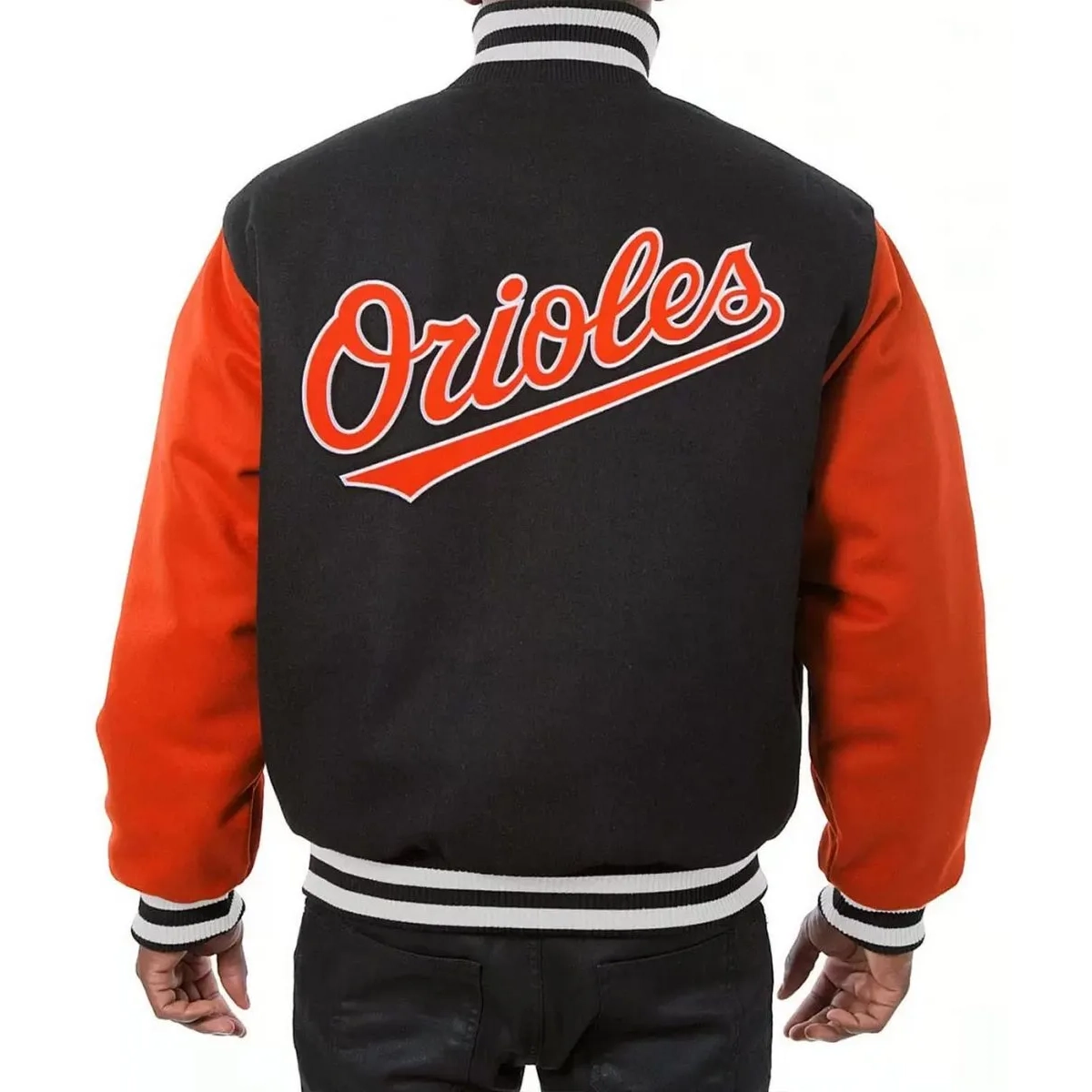 Baltimore orioles two tone black orange wool varsity jacket
