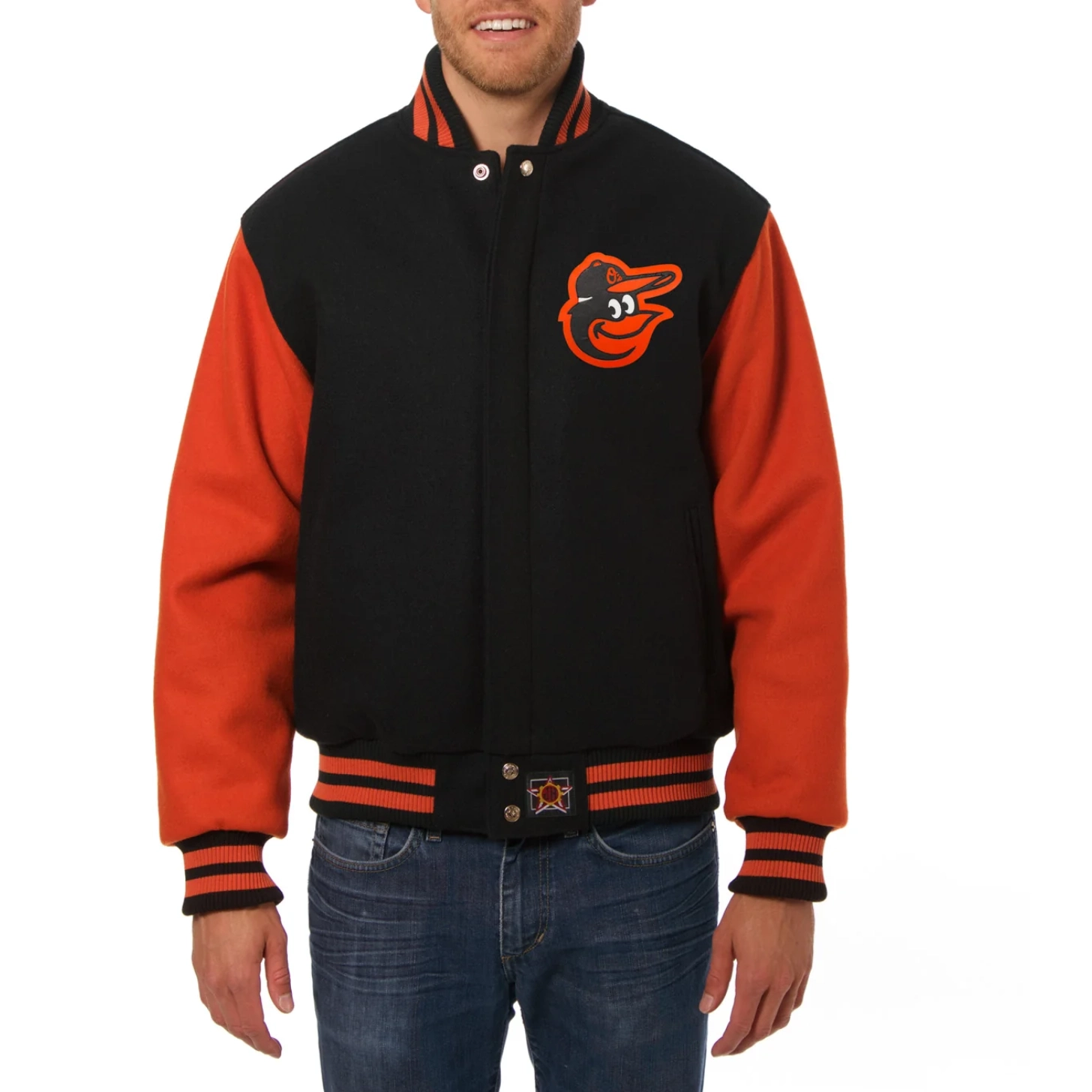 Baltimore orioles two tone handcrafted logo wool varsity jacket black orange 1