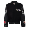 Baltimore ravens jeff hamilton logo black wool and leather varsity jacket 1
