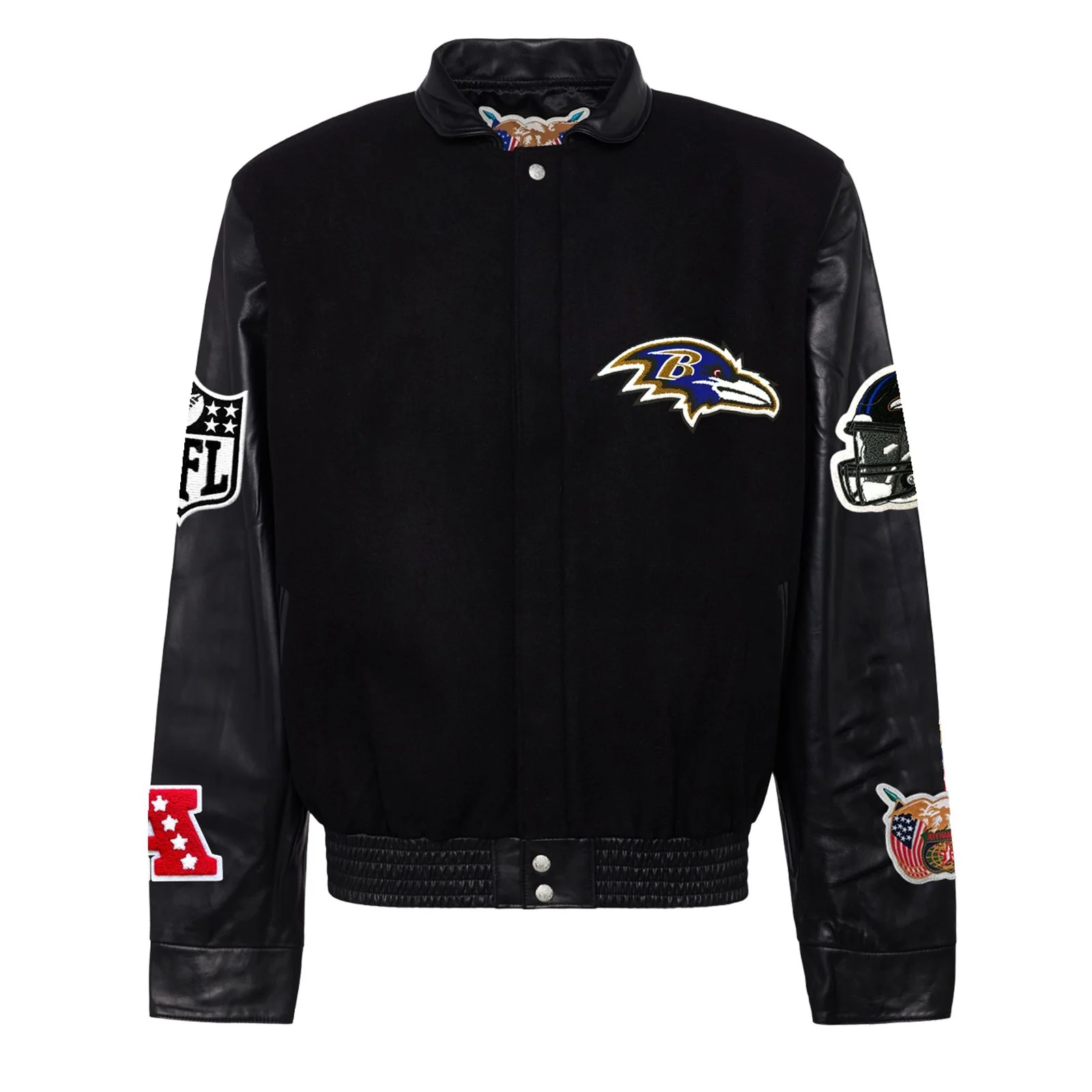 Baltimore ravens jeff hamilton logo black wool and leather varsity jacket 1