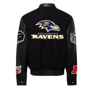 Baltimore ravens jeff hamilton logo black wool and leather varsity jacket 2