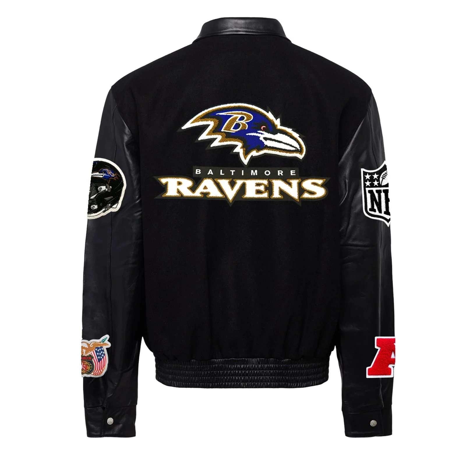 Baltimore ravens jeff hamilton logo black wool and leather varsity jacket 2