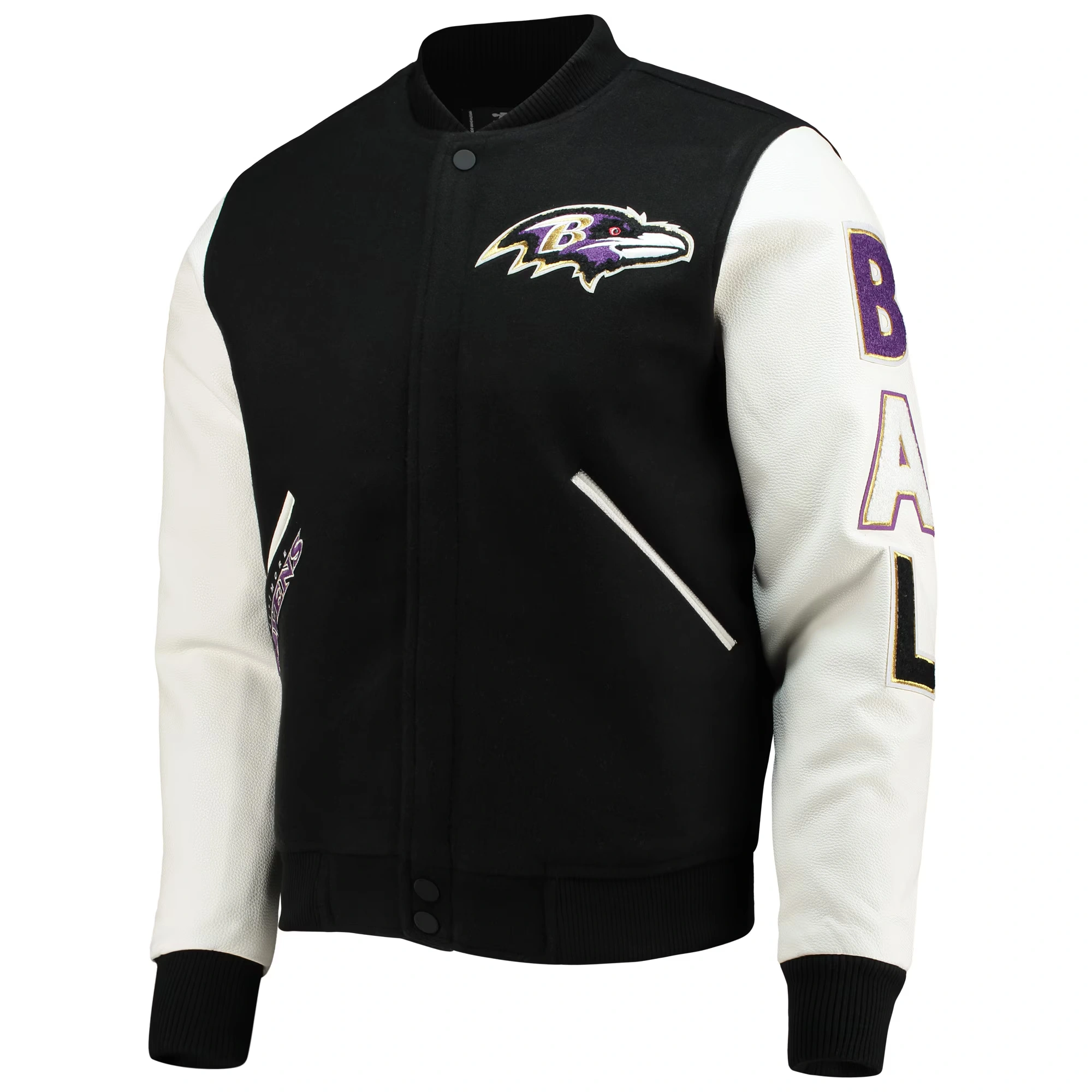 Baltimore ravens pro standard logo black and white varsity jacketbaltimore ravens mashup wool leather varsity jacket copy 1