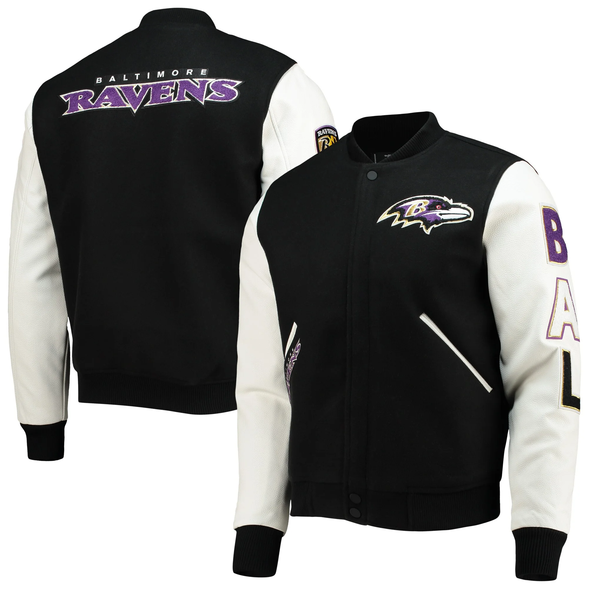 Baltimore ravens pro standard logo black and white varsity jacketbaltimore ravens mashup wool leather varsity jacket copy 4