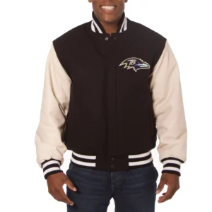 Baltimore ravens two tone real wool leather varsity jacket black cream 1
