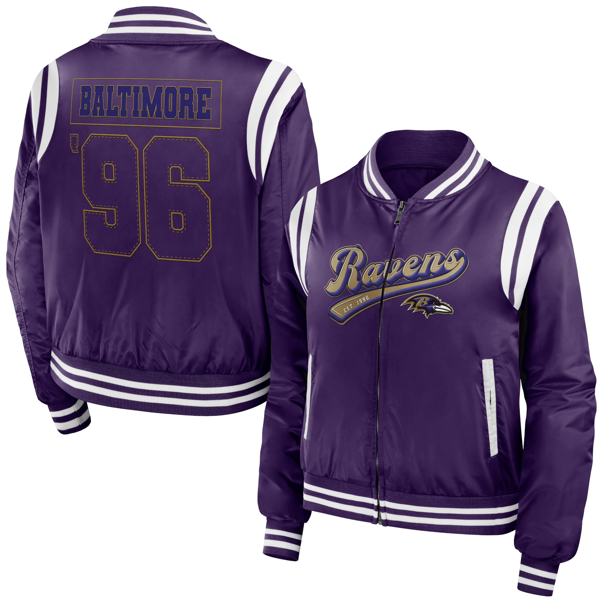 Baltimore ravens womens full zip bomber varsity jacket purple 1
