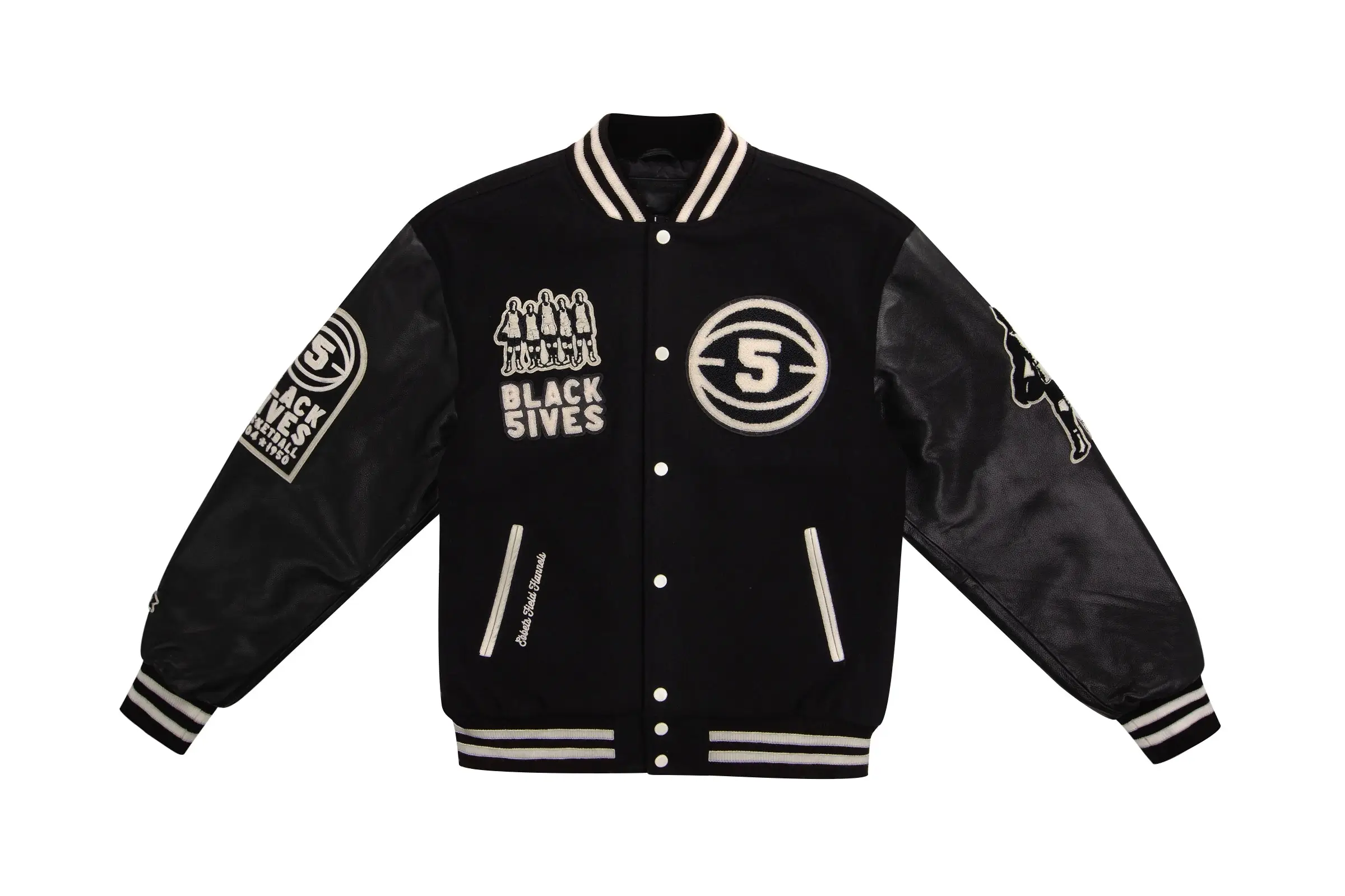 Basketball black five wool leather varsity jacket 1 2 1