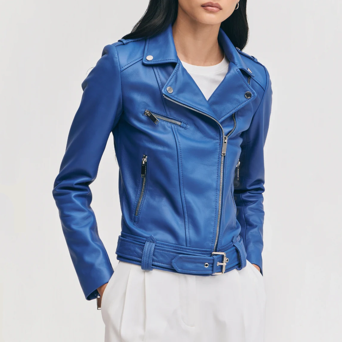 Belted womens blue leather biker jacket