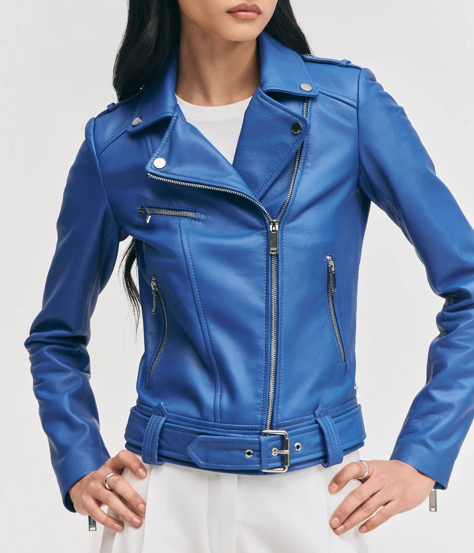 Belted womens blue leather jacket