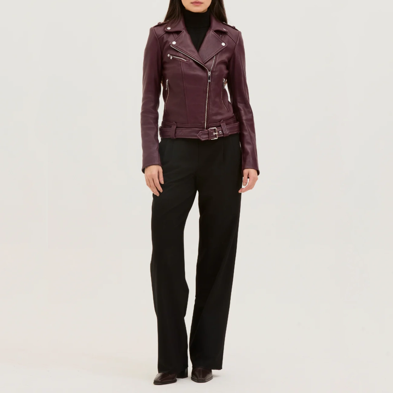 Belted womens burgundy leather biker jacket full view