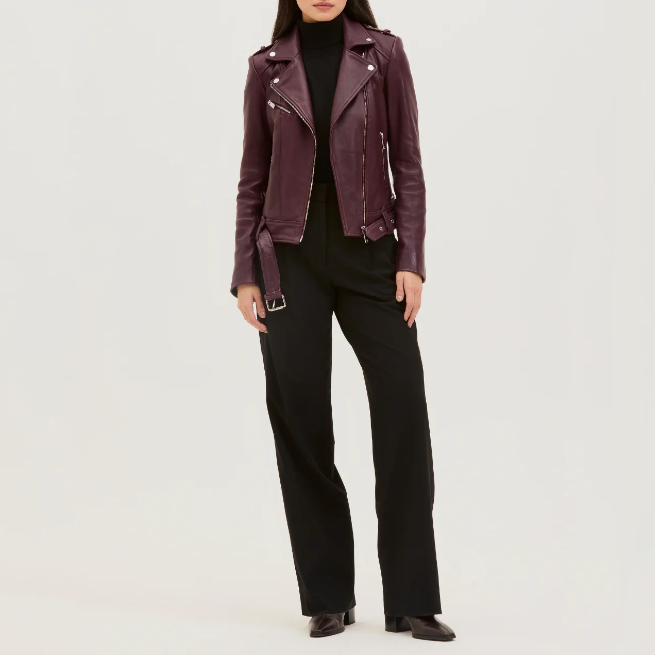 Belted womens burgundy leather jacket full view