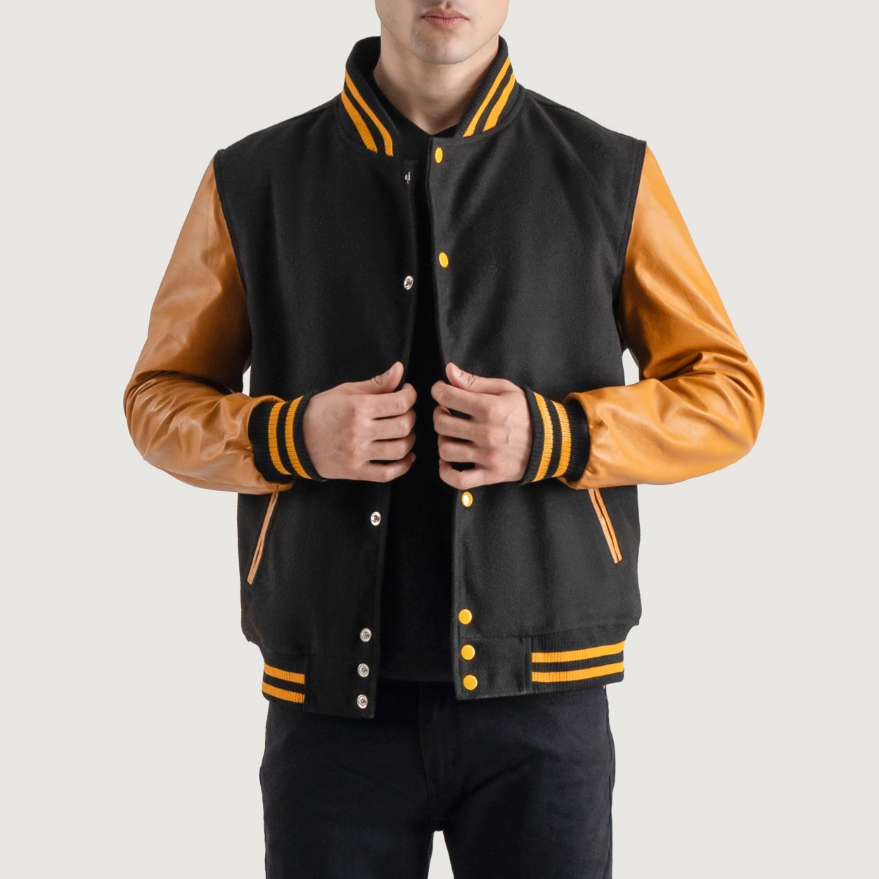 Black and gold varsity letterman jacket 3