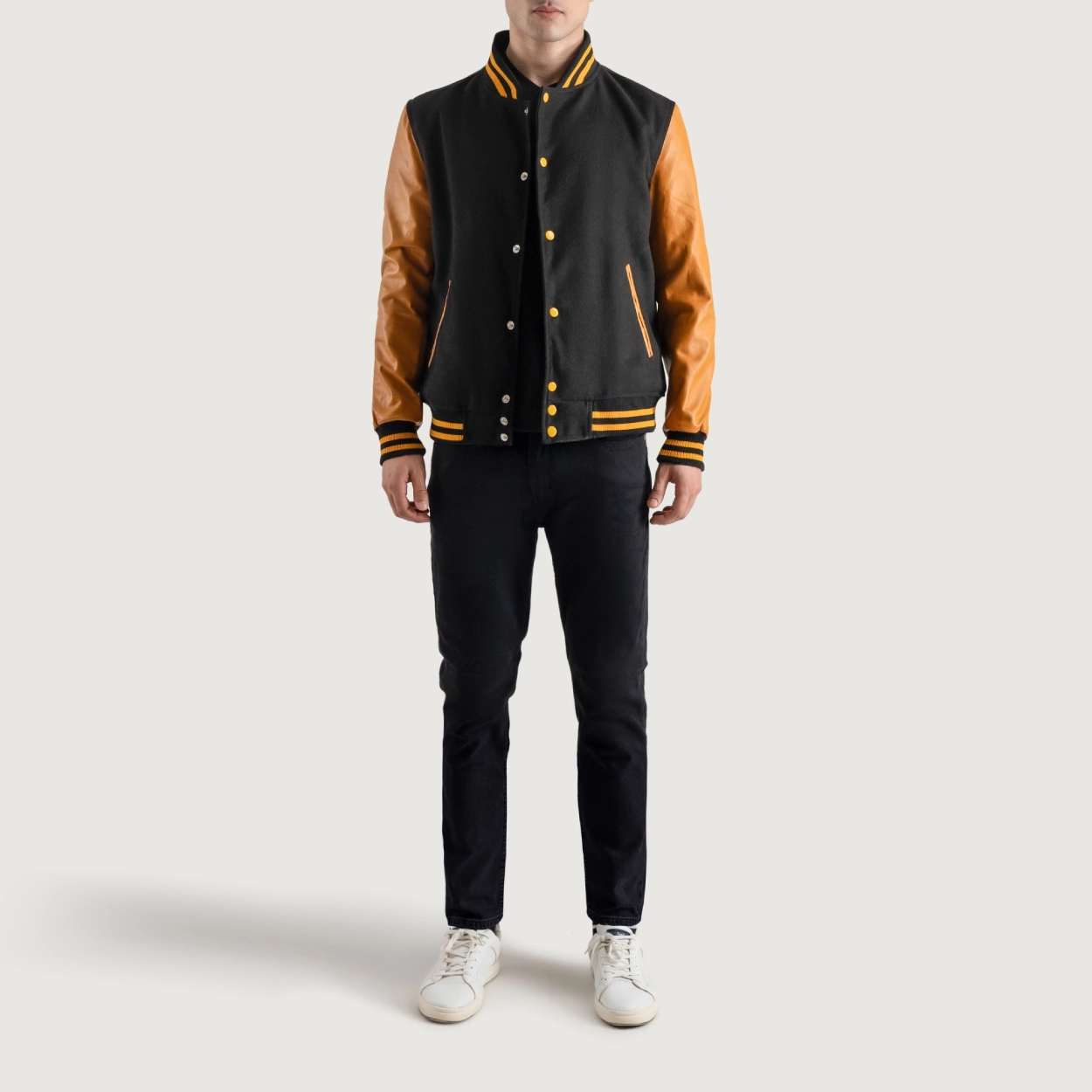 Black and gold varsity letterman jacket 4