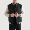 Black and white wool leather letterman varsity jacket