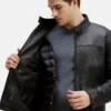 Black mens chest yoke leather moto jacket