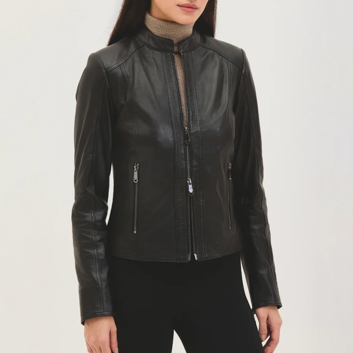 Black womens cafe racer leather moto jacket