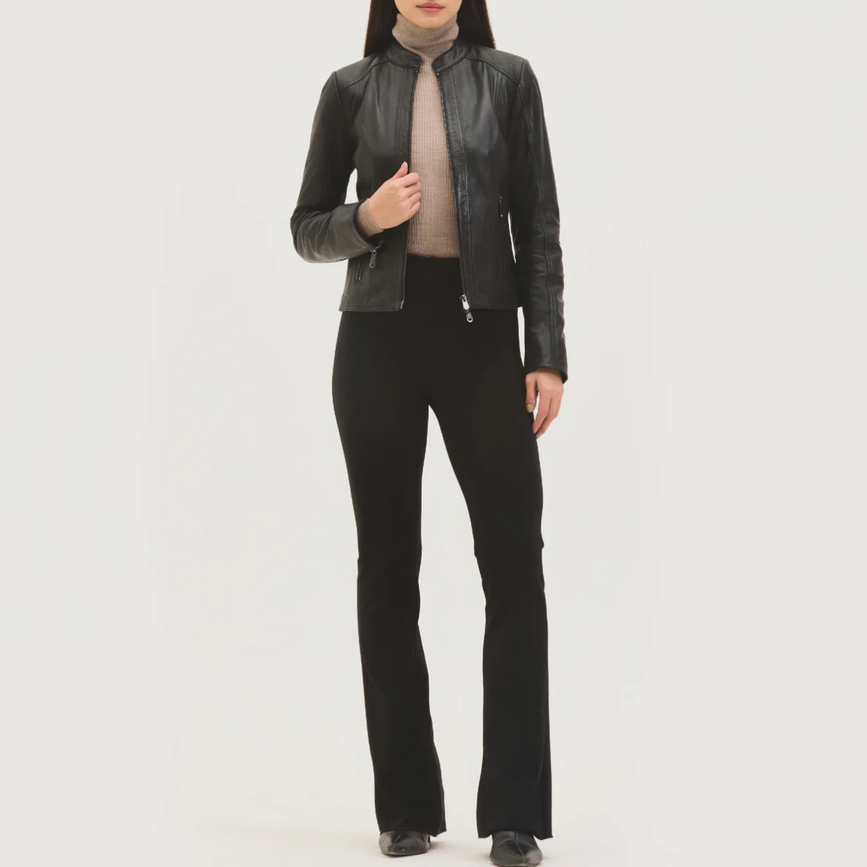 Black womens leather moto jacket full view