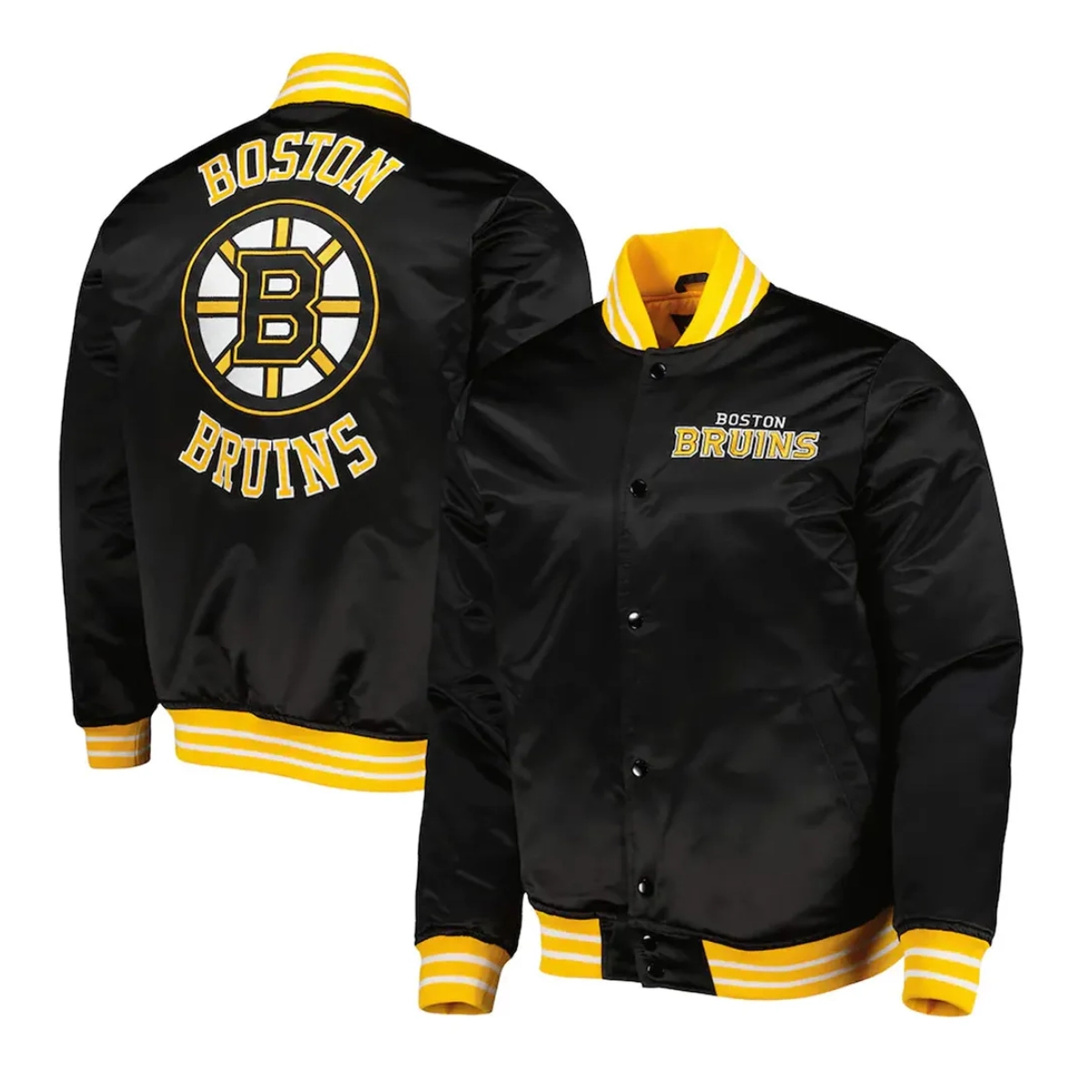 Boston bruins heavyweight full snap black satin varsity jacket