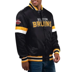 Boston bruins home game satin varsity jacket black 1
