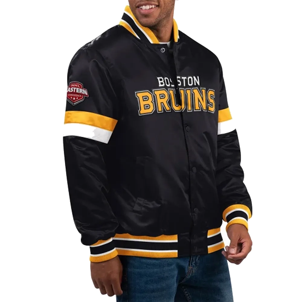 Boston bruins home game satin varsity jacket black 1