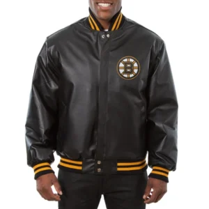 Boston bruins rib knitted black leather varsity jacket 1