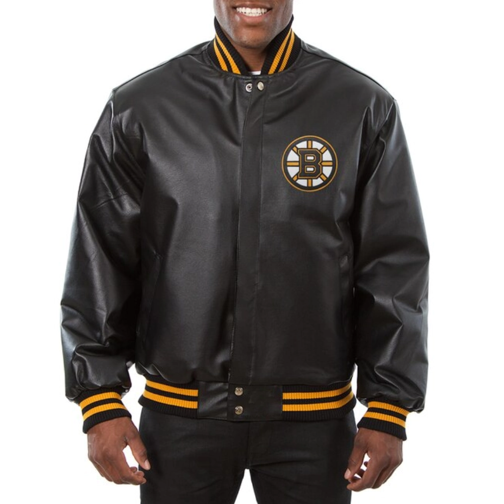 Boston bruins rib knitted black leather varsity jacket 1