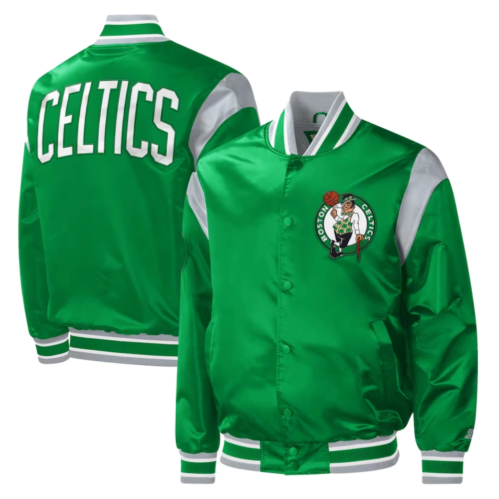 Boston celtics force play satin varsity jacket green 3