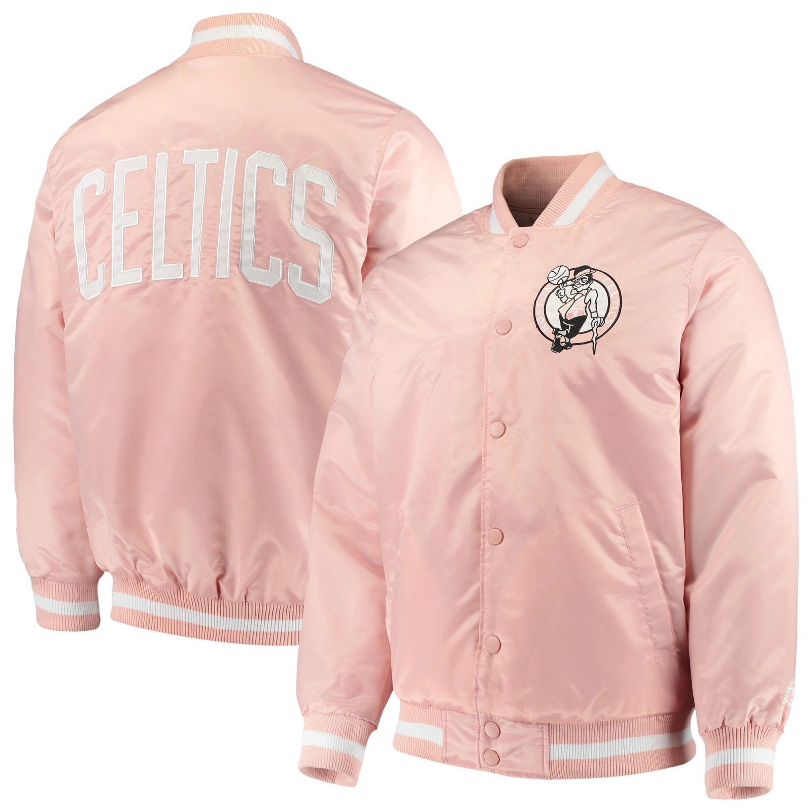 Boston celtics full snap pink satin varsity jacket