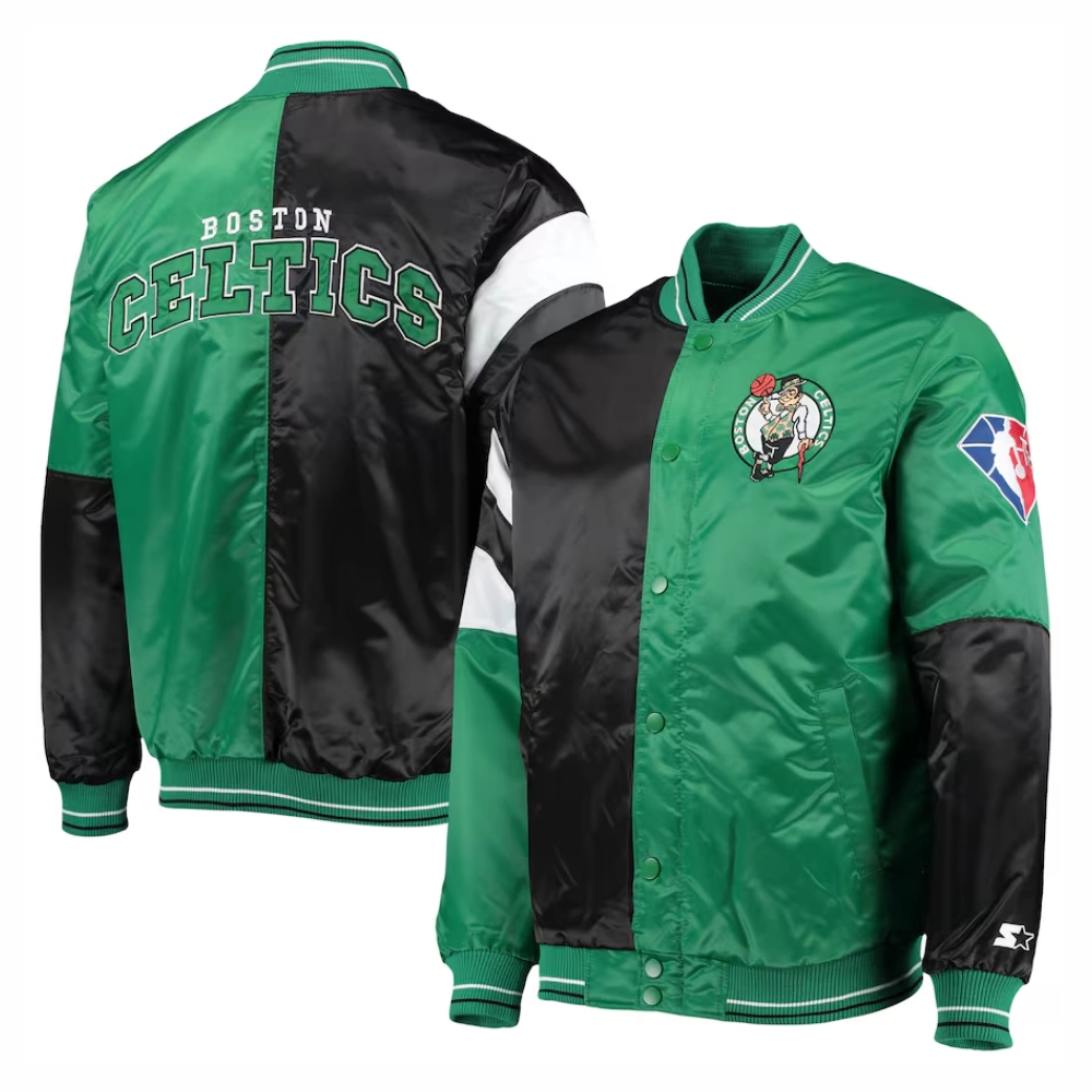 Boston celtics leader satin varsity jacket greenblack 2