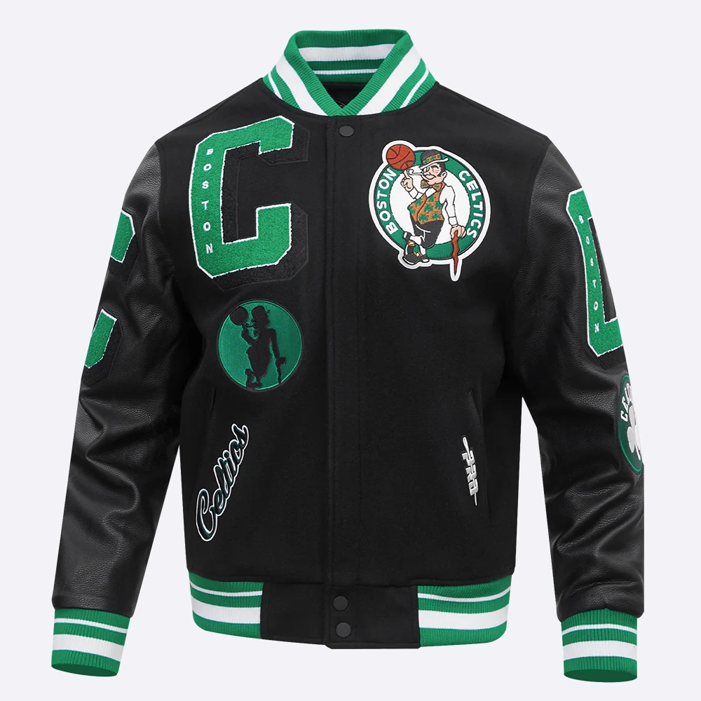 Boston celtics mashup black wool and leather varsity jacket 1