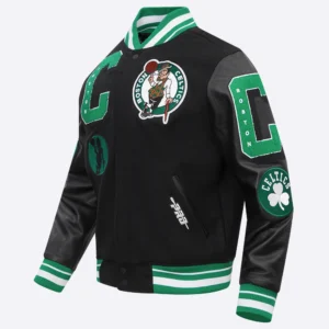 Boston celtics mashup black wool and leather varsity jacket 2