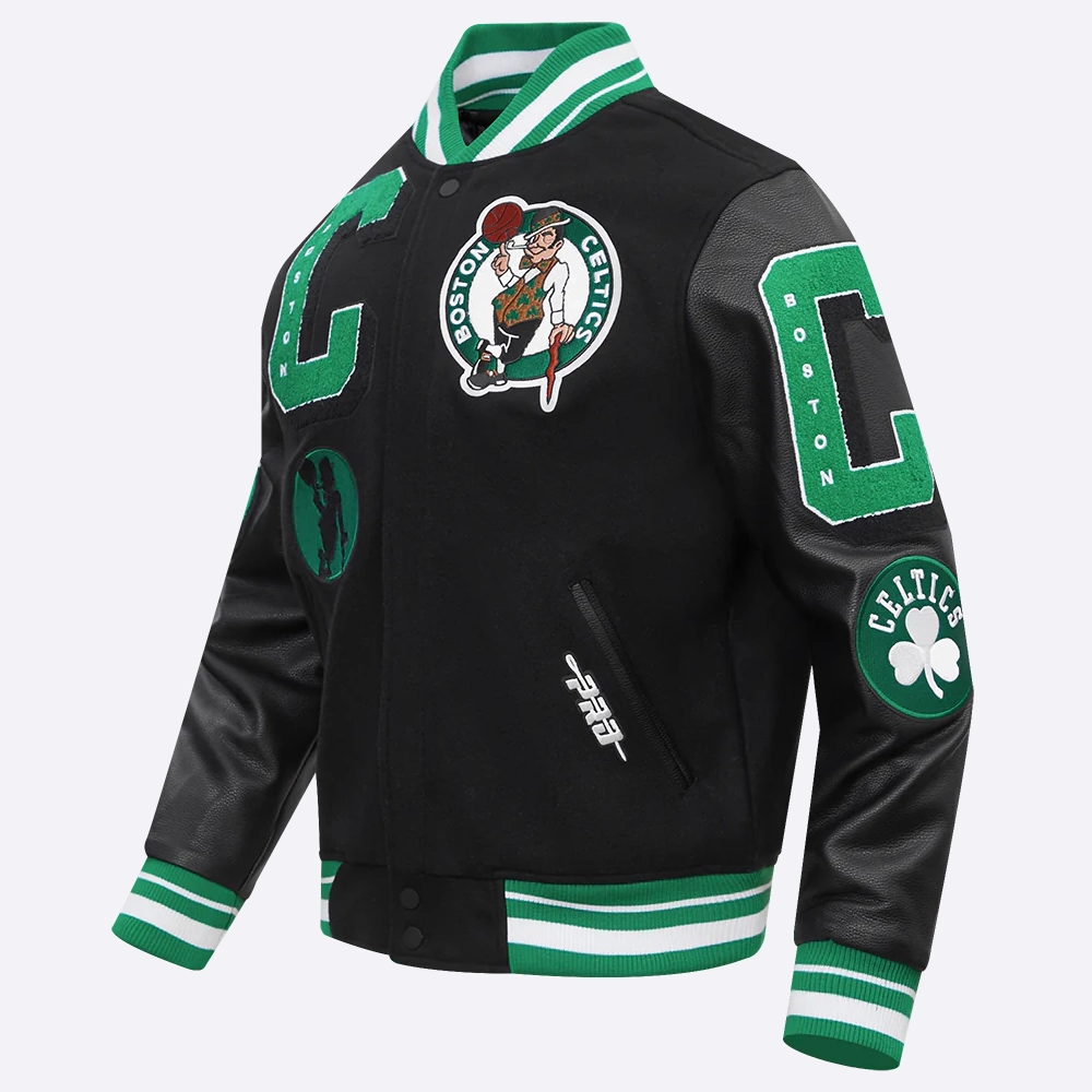 Boston celtics mashup black wool and leather varsity jacket 2