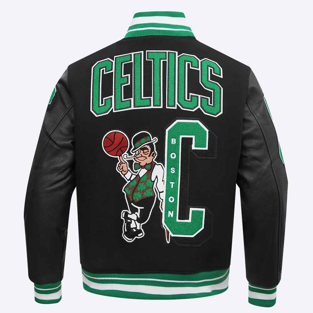 Boston celtics mashup black wool and leather varsity jacket 4