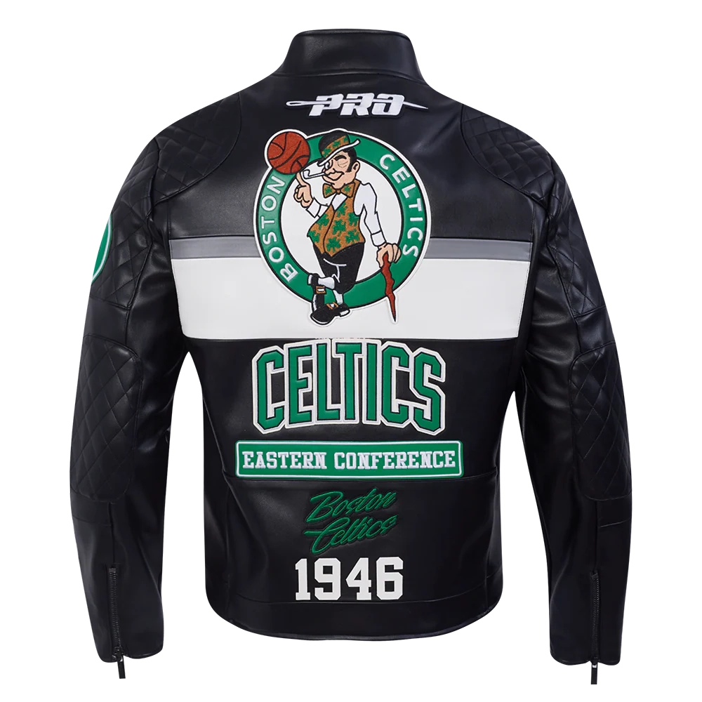 Boston celtics moto black zipper leather jacket