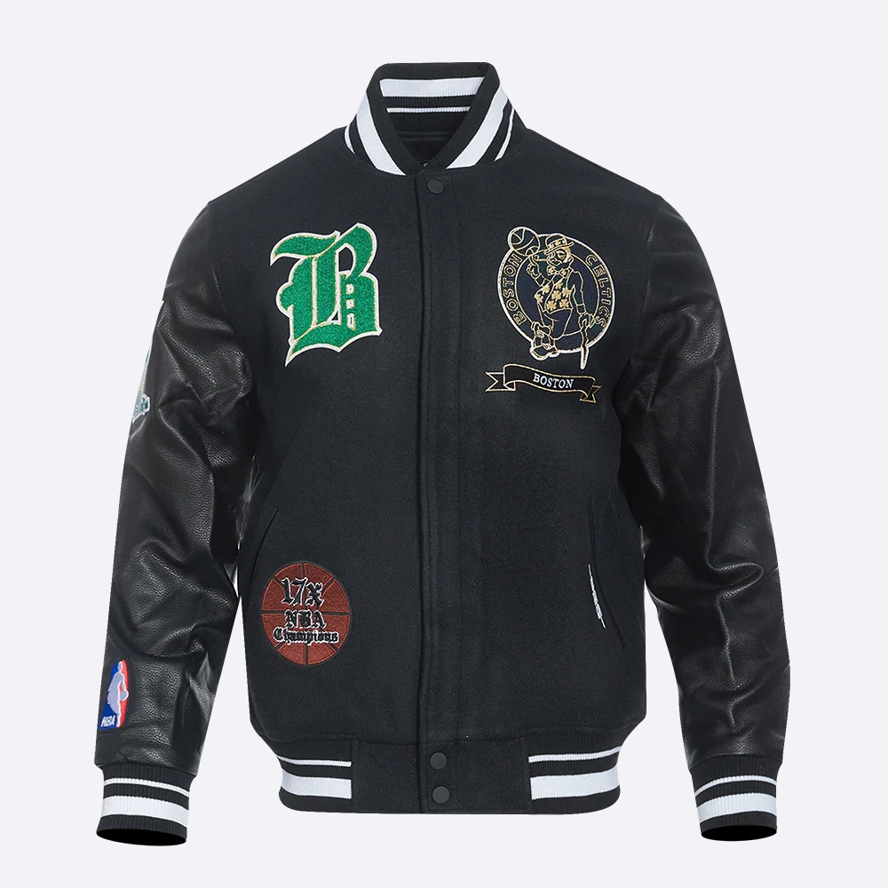 Boston celtics pro prep black wool and leather varsity jacket 1