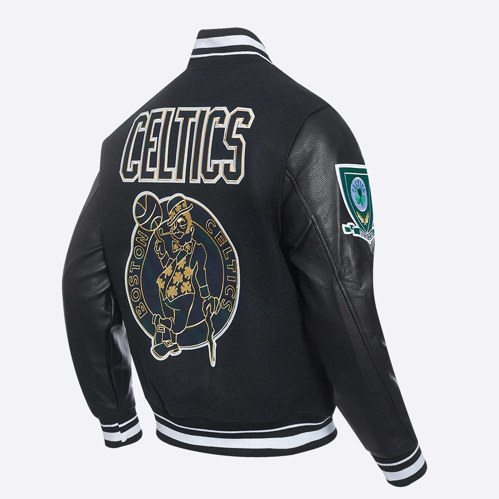 Boston celtics pro prep black wool and leather varsity jacket 3
