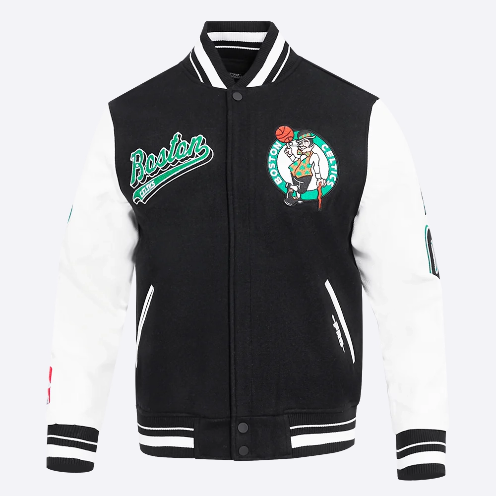 Boston celtics script tail black and white varsity jacket 2