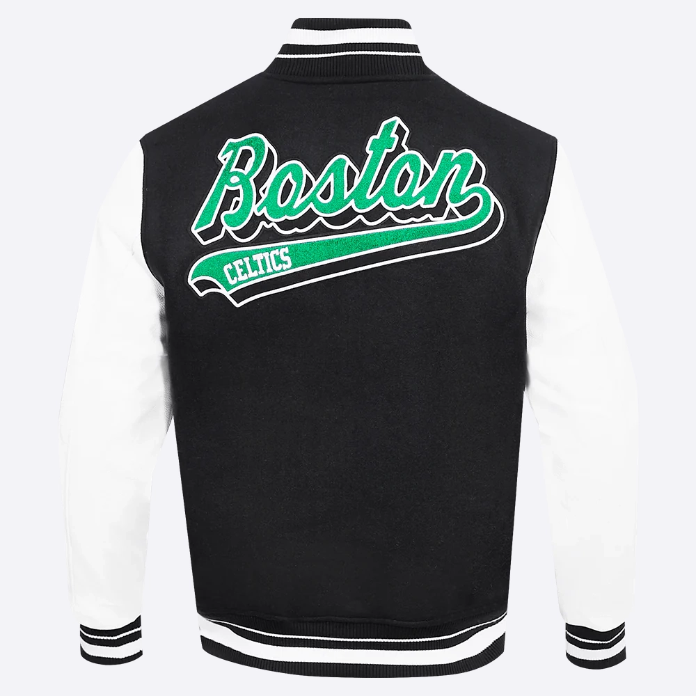 Boston celtics script tail black and white varsity jacket 4